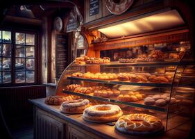 accogliente vetrina nel forno negozio. ai generato foto