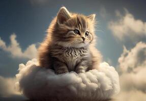 gattino si siede su un' nube nel il cielo. ai generato foto
