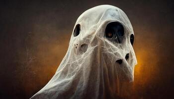 spaventoso tessuto fantasma viso con zucca lanterna nel Halloween festa sfondo. generativo ai foto