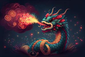 Cinese carino Drago con fuoco fuochi d'artificio a celebrazione festa sfondo. generativo ai foto
