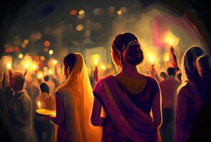 indiano folla persone nel il Diwali il Festival di luci nel il notte con candela luci fuochi d'artificio e moschea sfondo. generativo ai foto