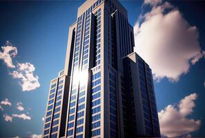 grattacieli con blu cielo e nube sfondo. edificio e architettura concetto. digitale arte illustrazione. generativo ai foto
