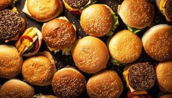 superiore Visualizza pieno di formaggio Hamburger su nero sfondo con studio illuminazione. cibo e consegna concetto. generativo ai foto