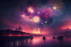 fuochi d'artificio Festival nel nuovo anno celebrazione evento con città e oceano fiume o mare sfondo. generativo ai foto