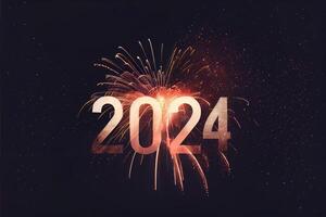 2024 nuovo anno celebrazione con colorato fuochi d'artificio su buio sfondo. contento nuovo anno il anno di Drago e saluto carta concetto. generativo ai foto