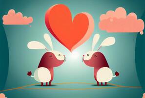 carino cartone animato coniglio coppia con rosso cuore e nube su verde sfondo nel san valentino giorno. generativo ai foto