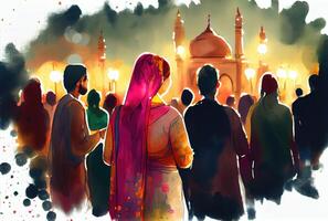 indiano folla persone nel il Diwali il Festival di luci nel il notte con candela luci fuochi d'artificio e moschea sfondo. generativo ai foto
