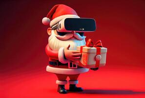 inteligente Santa Claus utilizzando il virtuale la realtà bicchieri per distribuire il i regali per bambini con un altro posto veicolo su rosso sfondo. allegro Natale concetto. digitale arte illustrazione. generativo ai foto