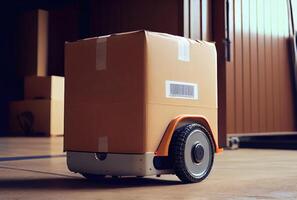 robot agv trasporto cartone scatola nel magazzino sfondo. tecnologia innovazione e consegna concetto. generativo ai foto