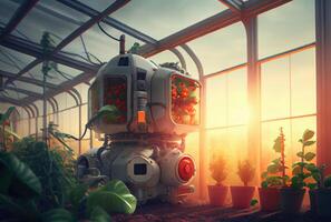 robot agricoltura raccolta agricolo prodotti nel ricerca centro. innovativo Futuristics tecnologia e 5g inteligente agricoltura concetto. generativo ai foto