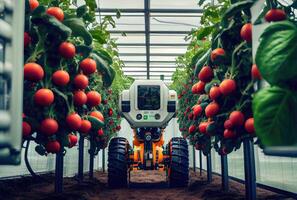 robot agricoltura raccolta agricolo prodotti nel ricerca centro. innovativo Futuristics tecnologia e 5g inteligente agricoltura concetto. generativo ai foto