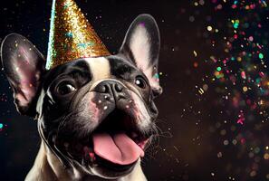 ritratto di carino contento francese bulldog nel il celebrazione festa con bokeh leggero e coriandoli nel il buio sfondo. generativo ai foto