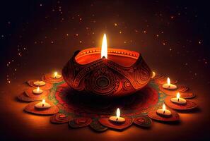 Diwali il Festival di luci colorato lanterne con lume di candela nel il buio sfondo. vacanza e cultura concetto. generativo ai foto