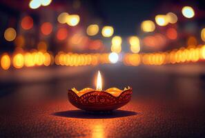 diya lampada con bokeh leggero a il centro strada nel Diwali Festival. generativo ai foto