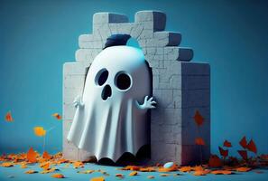 carino spaventoso tessuto fantasma fare nascondere e cercare nel Halloween festa sfondo. divertente personaggio arte concetto. e generativo ai foto