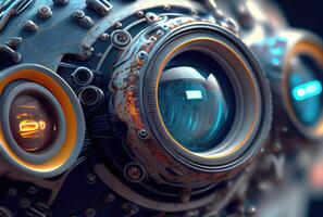 avvicinamento di blu robot occhi con metallico struttura sfondo. tecnologia e innovazione concetto. generativo ai foto