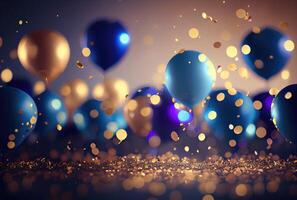 blu e oro palloncini per nuovo anno festa celebrazione con coriandoli sfondo. generativo ai foto
