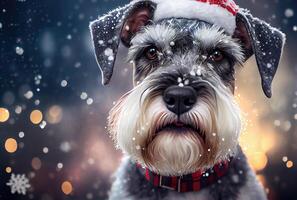 contento schnauzer cane nel Santa Claus costume e brillante bokeh sfondo. animale e vacanza concetto. generativo ai foto