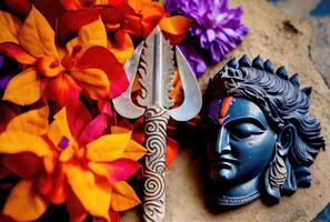 maha shivratri concetto con tridente spada scultura sfondo. indiano cultura e Festival. generativo ai foto