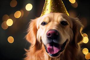 avvicinamento di ritratto contento d'oro cane da riporto cane indossare festa cappello per celebrazione con bokeh sfondo. animale e animale domestico concetto. generativo ai foto