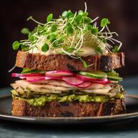 vegetariano Sandwich fatto con lievito pane, avocado crema, cetriolo, ravanello e remoulade salsa illustrazione ai generativo foto