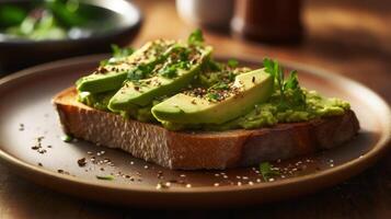 avocado crostini su un' bianca piatto su un' rustico di legno tavolo illustrazione ai generativo foto