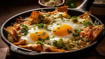 messicano chilaquiles con fritte uovo, pollo e speziato verde salsa illustrazione ai generativo foto