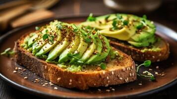 avocado crostini su un' bianca piatto su un' rustico di legno tavolo illustrazione ai generativo foto