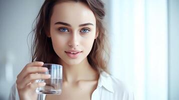 ragazza con bicchiere di acqua. illustrazione ai generativo foto