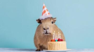 carino soffice capibara nel compleanno berretto con compleanno torta illustrazione ai generativo foto