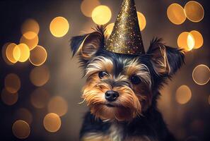 contento yorkshire terrier indossare festa cappello per celebrazione con bokeh sfondo. animale e animale domestico concetto. generativo ai foto