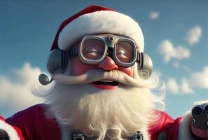 avvicinamento testa tiro di Santa Claus viso volante su nel il blu cielo e nuvoloso sfondo. allegro Natale e contento nuovo anno concetto. digitale arte illustrazione. generativo ai foto
