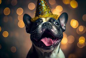 ritratto di carino contento francese bulldog nel il celebrazione festa con bokeh leggero e coriandoli nel il buio sfondo. generativo ai foto