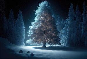 decorato incantata Natale albero con illuminazione raggiante illuminazione nel nevoso inverno sfondo. vacanza e Festival concetto. generativo ai foto