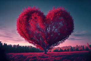 rosso cuore forma albero paesaggio con cielo sfondo. san valentino giorno e romanza concetto. digitale arte illustrazione. generativo ai foto