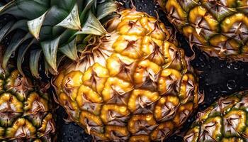 vicino su di pulito ananas con acqua far cadere nel buio nero sfondo. fresco frutta e verdura concetto. nutrizione e vitamina tema. generativo ai foto