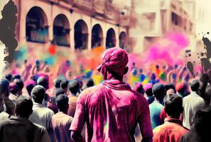 holi Festival il Festival di colori con folla persone e colorato polvere nel il indiano cittadina. generativo ai foto