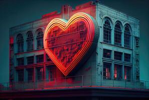 il rosso cuore neon illuminazione simbolo è nel davanti di un' edificio su il principale strada nel il città sfondo. cartello e simbolo concetto. digitale arte illustrazione. generativo ai foto