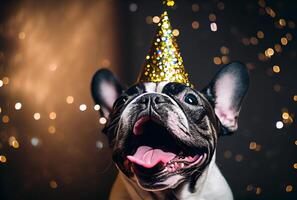 ritratto di carino contento francese bulldog nel il celebrazione festa con bokeh leggero e coriandoli nel il buio sfondo. generativo ai foto