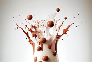 buio cioccolato palle caduta su il latte e spruzzi su buio sfondo. cibo e dolce concetto. generativo ai foto