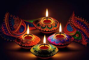 Diwali il Festival di luci colorato lanterne con lume di candela nel il buio sfondo. vacanza e cultura concetto. generativo ai foto