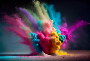 colorato polvere polvere che esplode nel holi giorno. generativo colorato amido e tintura polvere polvere che esplode nel holi giorno. generativo ai foto