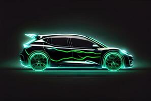 moderno auto con verde leggero pista come velocità e energia energia su nero buio sfondo. mezzi di trasporto e innovazione concetto. generativo ai foto