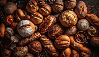 vario di pane su il di legno tavolo sfondo. cibo e forno concetto. pieno di pane tema. generativo ai foto