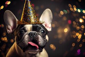 ritratto di carino contento francese bulldog nel il celebrazione festa con bokeh leggero e coriandoli nel il buio sfondo. generativo ai foto