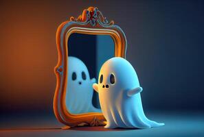 carino spaventoso tessuto fantasma guardare in il riflessione specchio nel Halloween festa sfondo. divertente personaggio arte concetto. e generativo ai foto