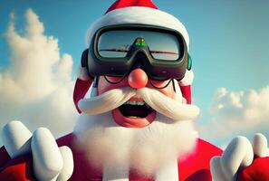 avvicinamento testa tiro di Santa Claus viso volante su nel il blu cielo e nuvoloso sfondo. allegro Natale e contento nuovo anno concetto. digitale arte illustrazione. generativo ai foto