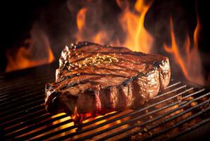 t-bone bistecca o porterhouse su griglia con sfolgorante fuoco fiamma. cibo e cucina concetto. generativo ai foto