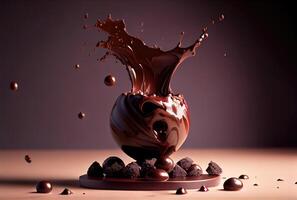 buio cioccolato palla caduta su il cioccolato tuffo e spruzzi su buio sfondo. cibo e dolce concetto. generativo ai foto