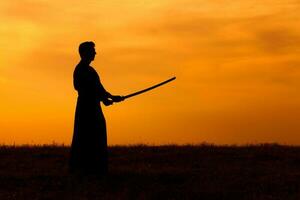 silhouette di kendo combattente con shinai al di sopra di il tramonto foto